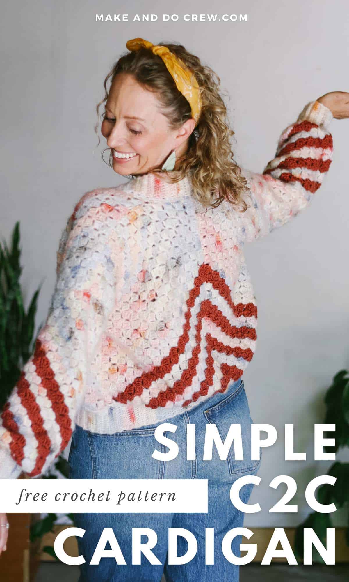 A simple c2c cardigan worn by a blonde woman.