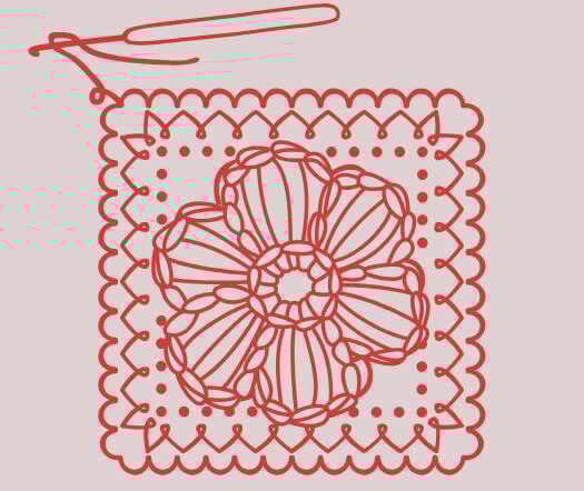 A crochet flower with an in-progress square and a crochet hook illustation.