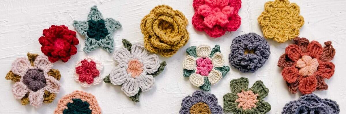 Different flower motifs laid on a white background.
