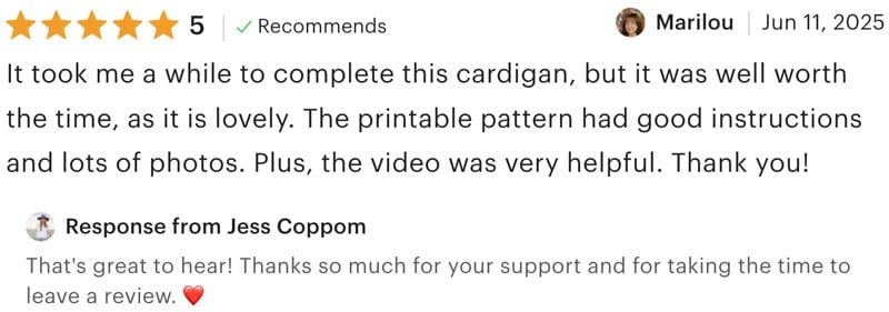 Positive customer review for Make and Do Crew patterns.
