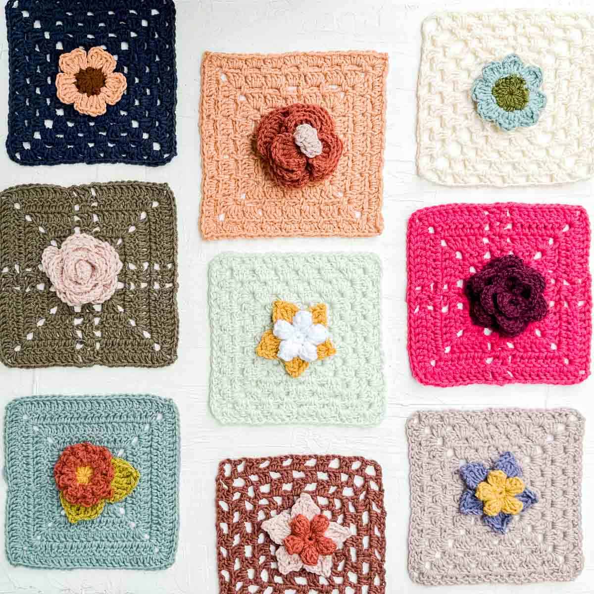 Nine different crochet squares with flower motifs.