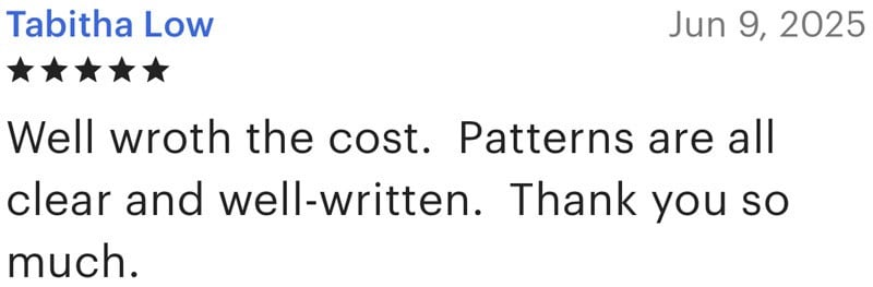Positive customer review for Make and Do Crew patterns.

