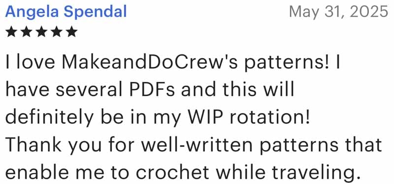 Positive customer review for Make and Do Crew patterns.
