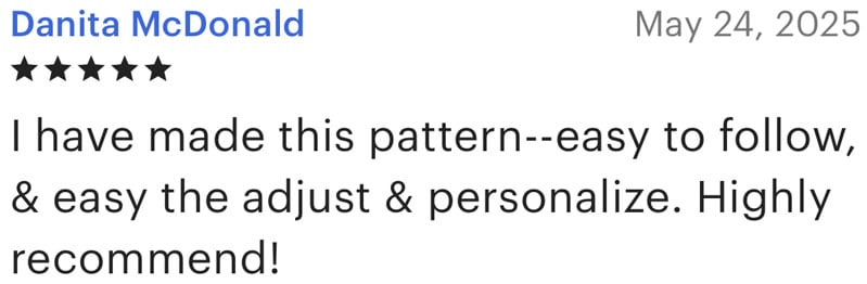 Positive customer review for Make and Do Crew patterns.
