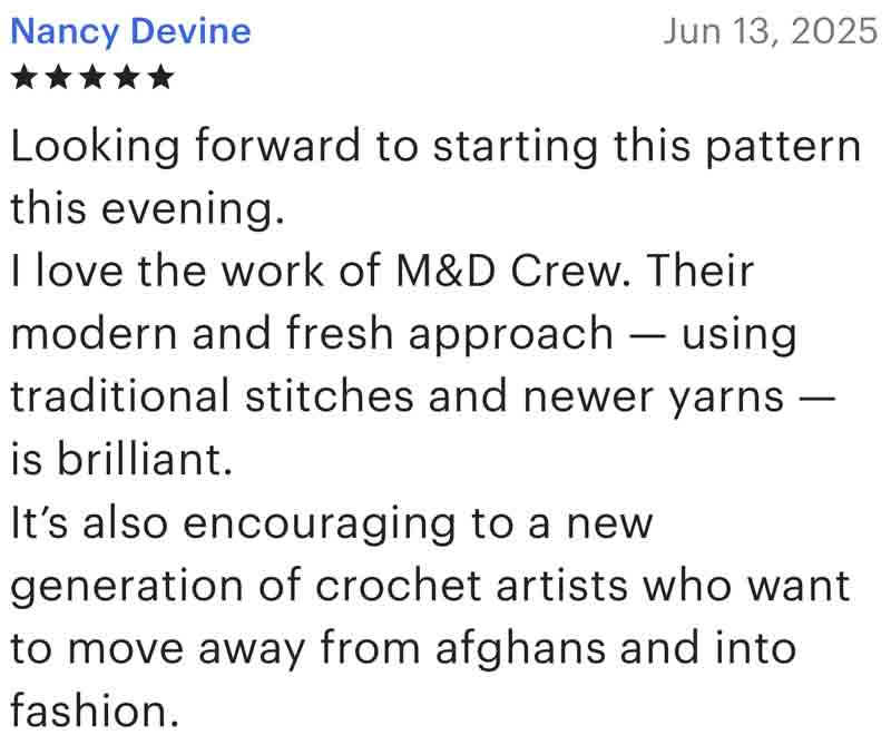 Positive customer review for Make and Do Crew patterns.
