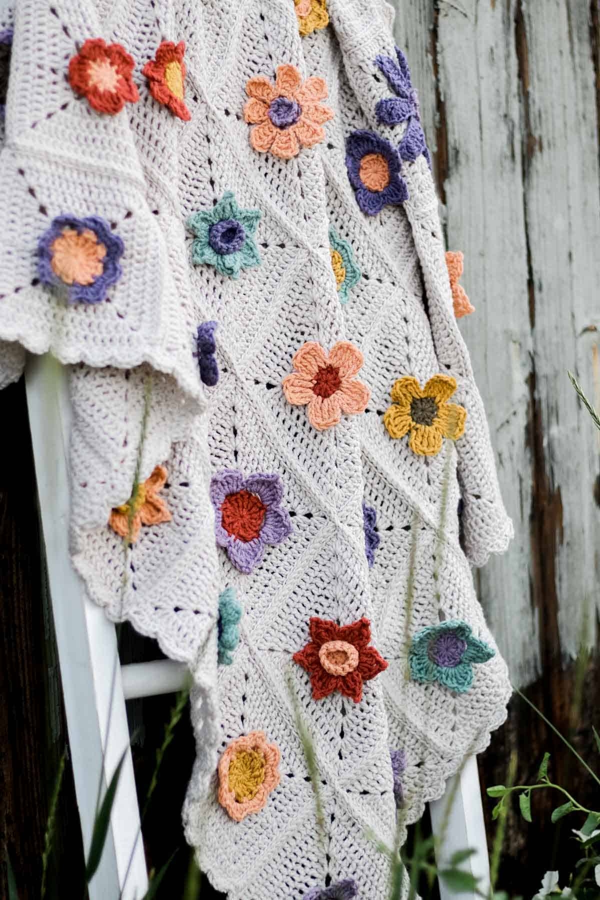 3D crochet flower blanket closeup.