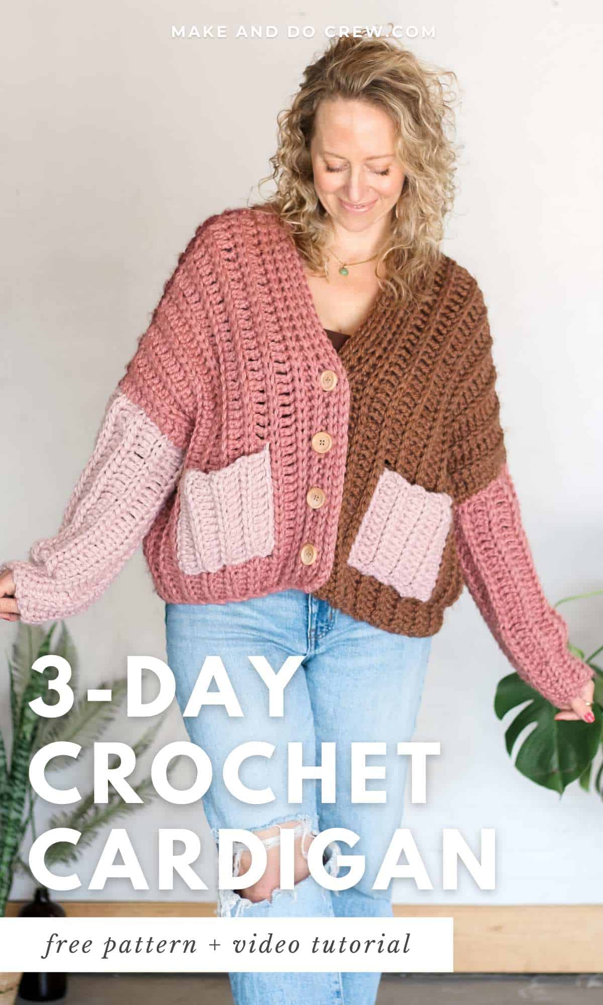 A pink themed 3 day crochet cardigan worn by a blonde woman.