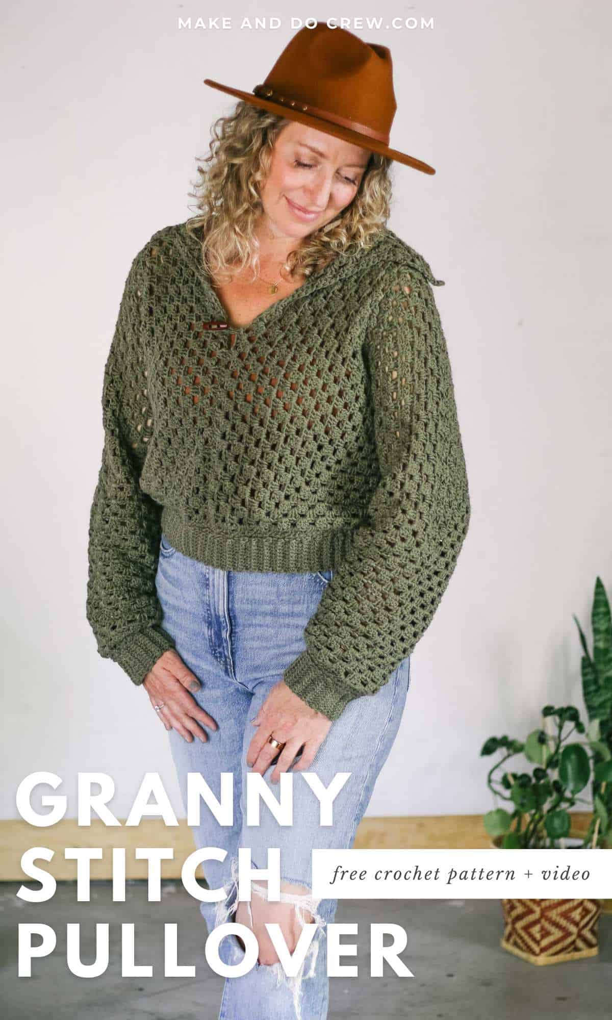 A granny stitch pullover worn by a blonde woman.