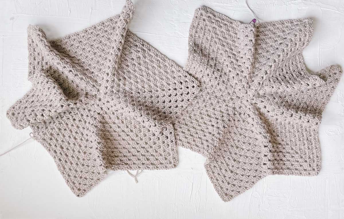 Crochet hexagons made with double crochet granny stitch.
