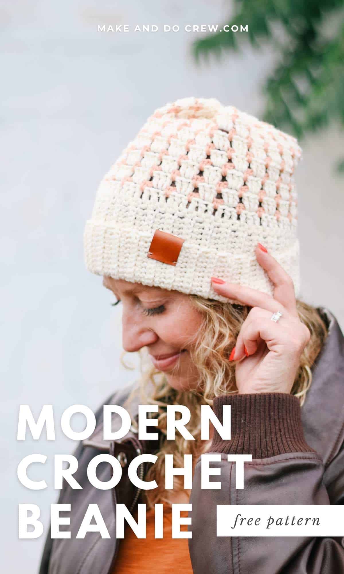 A modern crochet beanie worn by a blonde woman.
