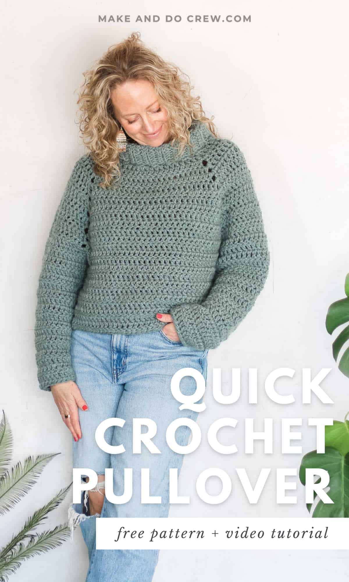 A quick crochet pullover worn by a blonde woman paired with ripped denim jeans.