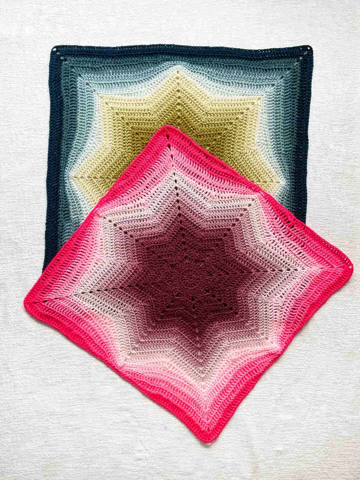 Two square crochet blankets laid out to show off large ripple star at the center of each.