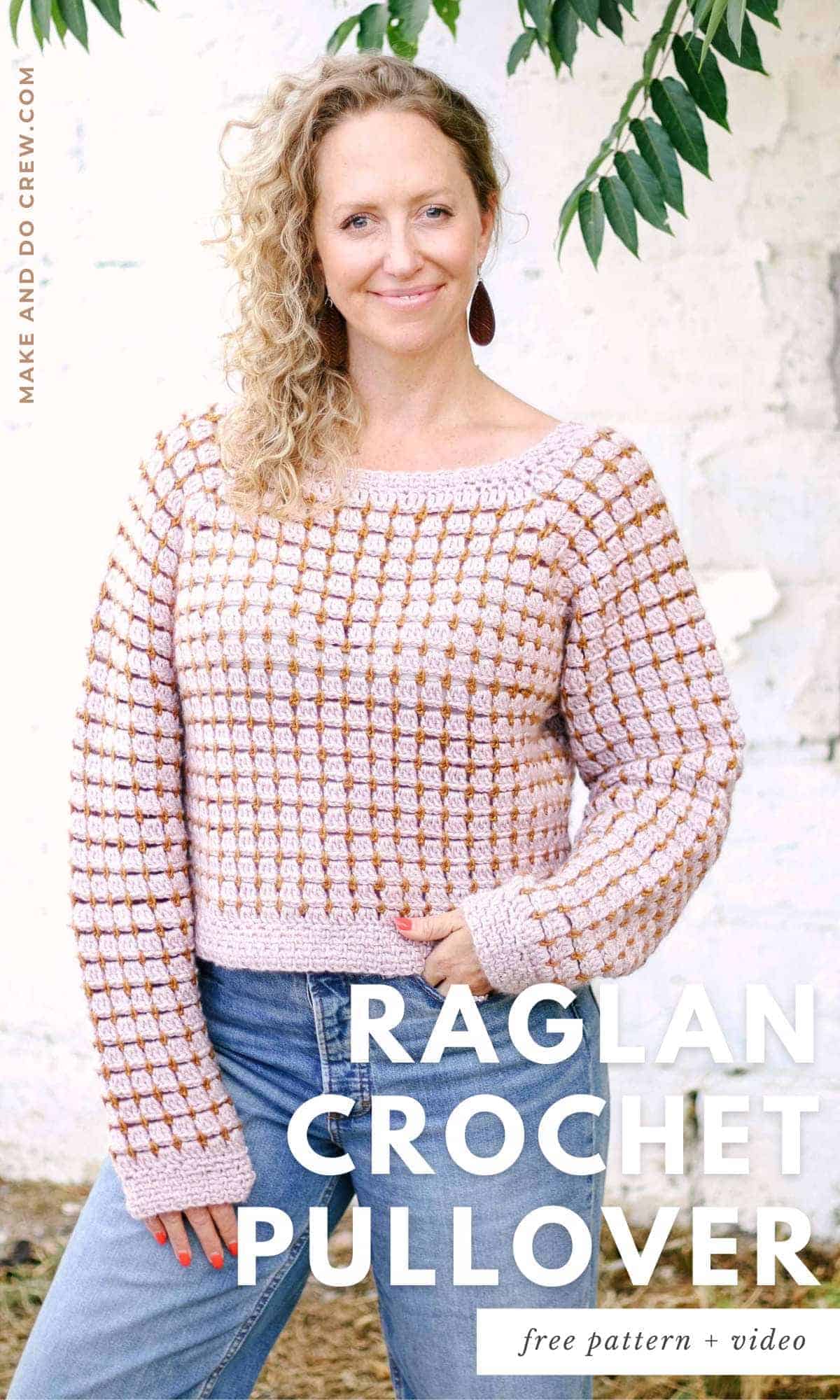 A raglan crochet pullover worn by a blonde woman paired with denim jeans.