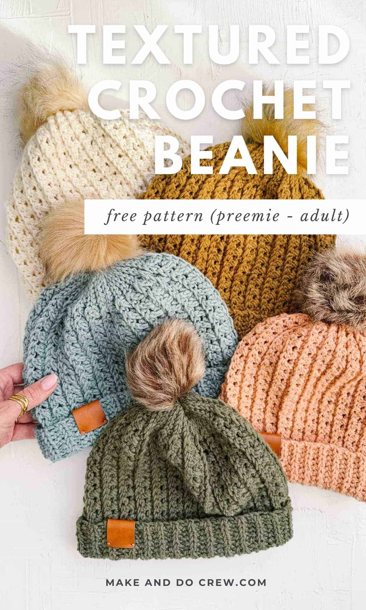 A collection of textured crochet beanie with pom poms.