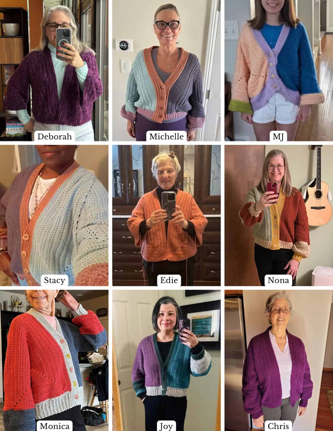 Grid of crocheters' finished Color Block Cardigans