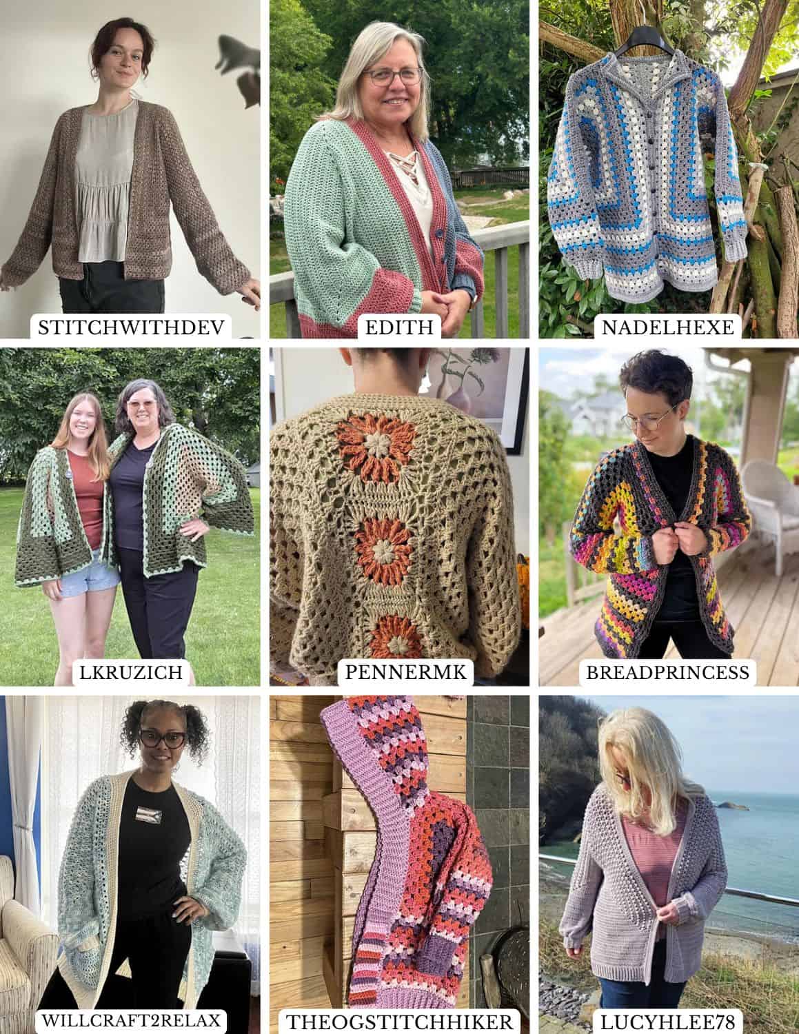 Crocheters wearing their own handmade sweaters and garments.