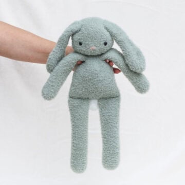 Long leg crochet bunny stuffed animal made with Lion Brand Feels Like Bliss yarn.