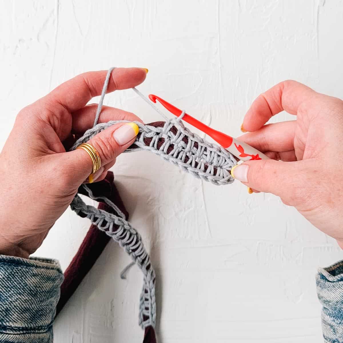 Crochet bag base with t-shirt yarn as the core.