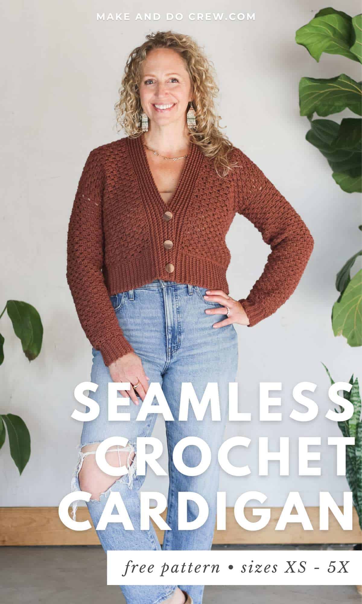 A brown seamless crochet cardigan with buttons worn by a blonde woman.