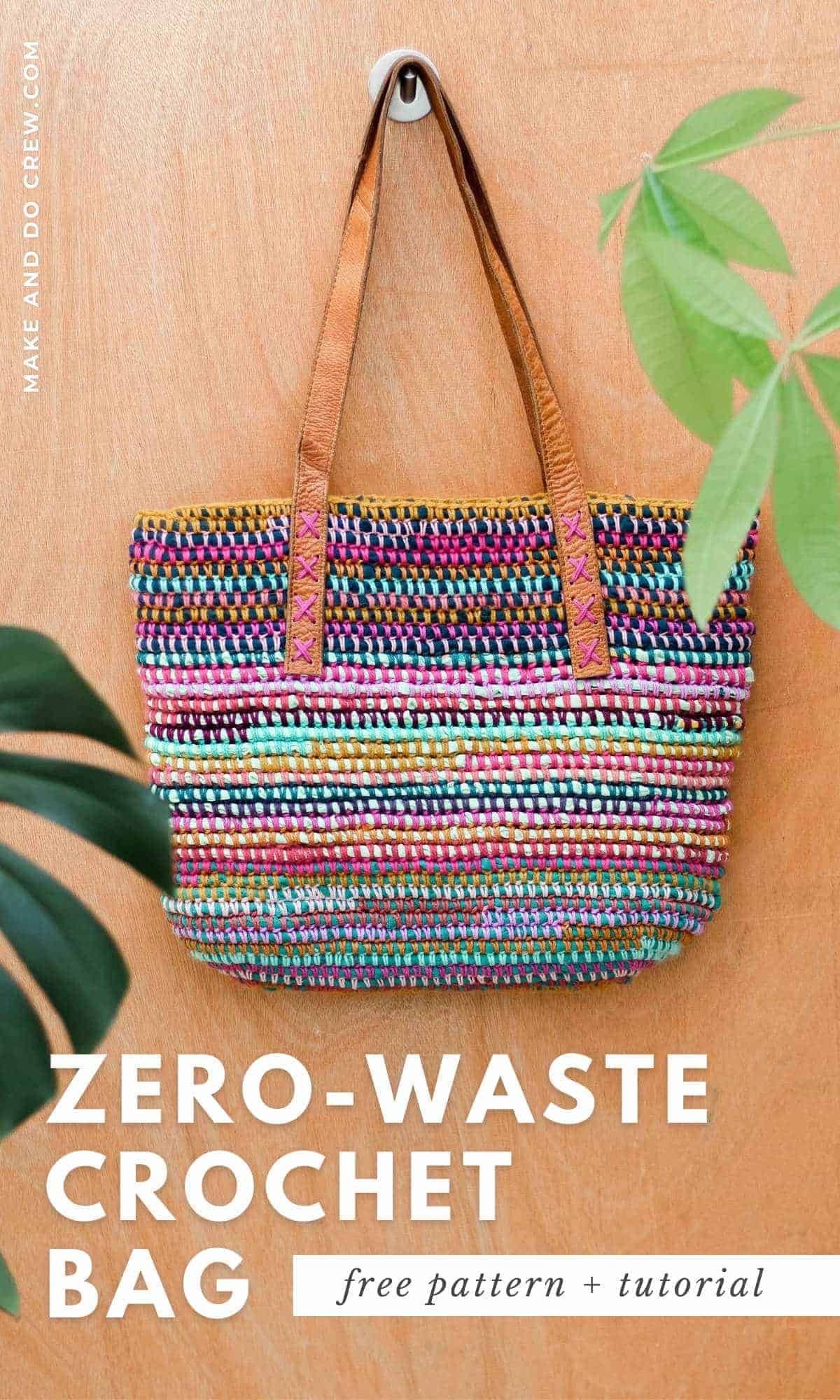 A zero-waste crochet bag with leather handles.