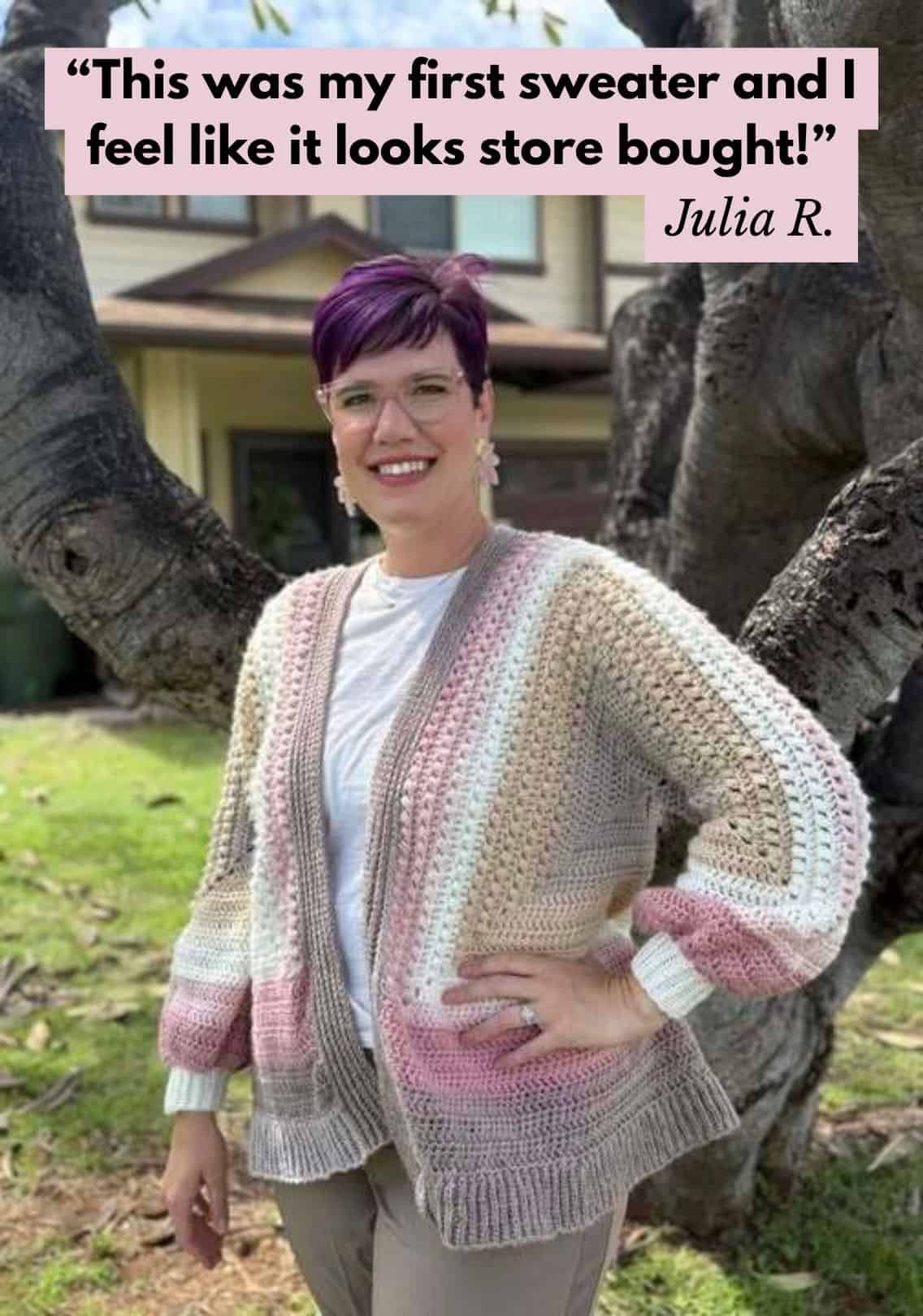 Crocheters wearing sweaters and cardigans they made themselves using Make & Do Crew patterns.