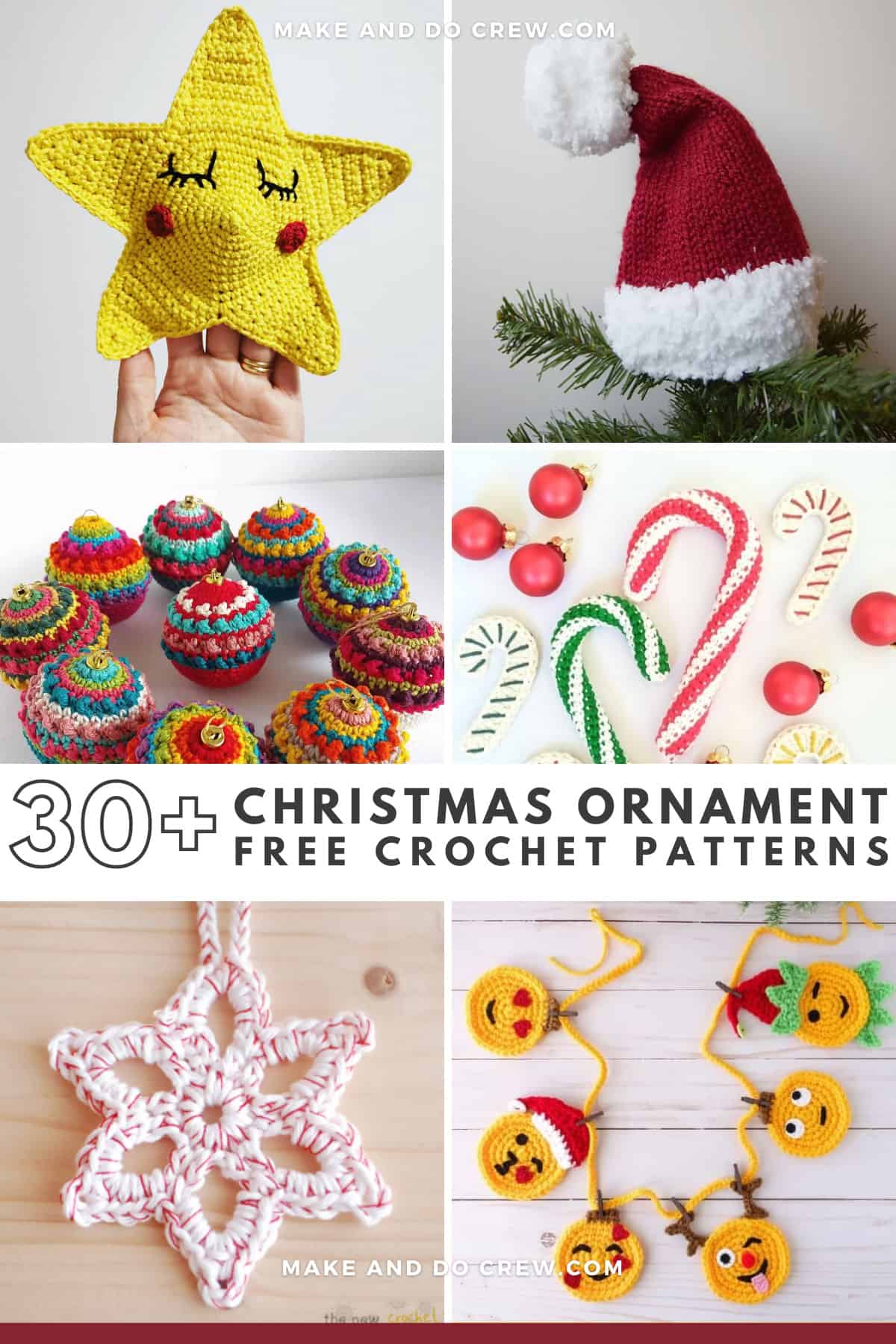 A grid of six free crochet ornament patterns to hang on your Christmas tree. Ornaments include colorful baubles, a Santa Hat tree topper, emoji garland and candy canes.